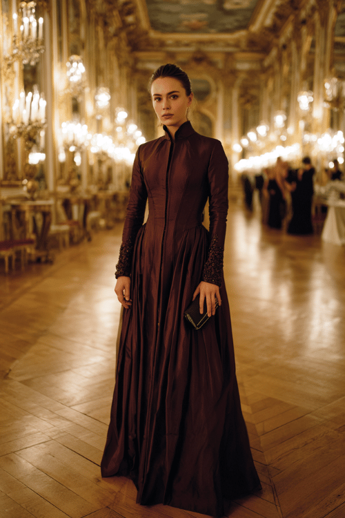 woman wearing a breathtaking long-sleeve floor-length gown in deep royal burgundy with a structured corseted bodice