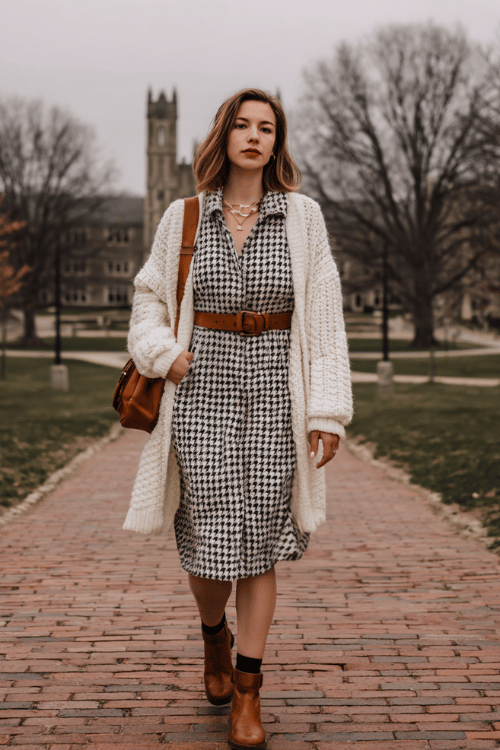 woman wearing a charming long-sleeve midi shirtdress in classic black and white houndstooth pattern belted neatly at the waist with a thin cognac leather strap