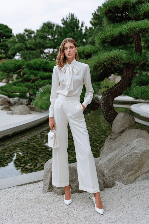 woman wearing a classic monochromatic all-white ensemble a long-sleeve silk blouse with a delicate bow tie neckline and wide-leg tailored trousers