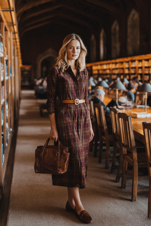 woman wearing a classic plaid long-sleeve midi shirtdress in warm burgundy and forest green tartan, belted at the waist with a thin brown leather strap, paired with brown leather loafers