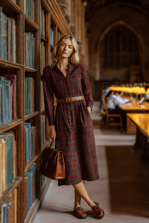 woman wearing a classic plaid long-sleeve midi shirtdress in warm burgundy and forest green tartan, belted at the waist with a thin brown leather strap