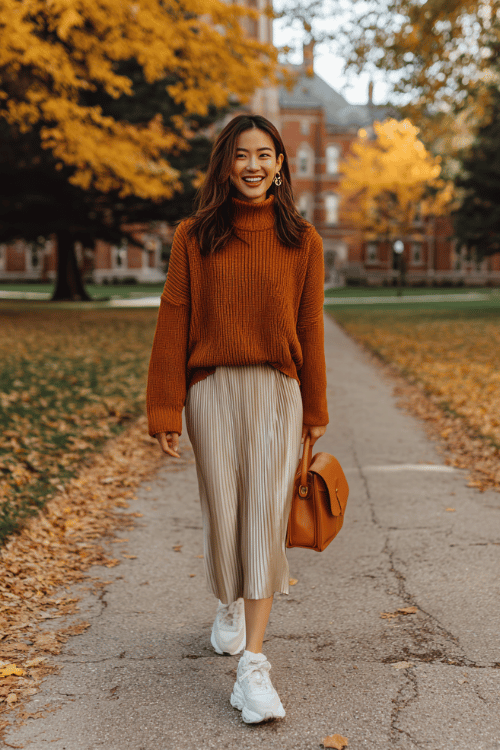 woman wearing a cozy oversized ribbed turtleneck sweater in warm rust orange paired with a high-waisted pleated midi skirt in soft camel