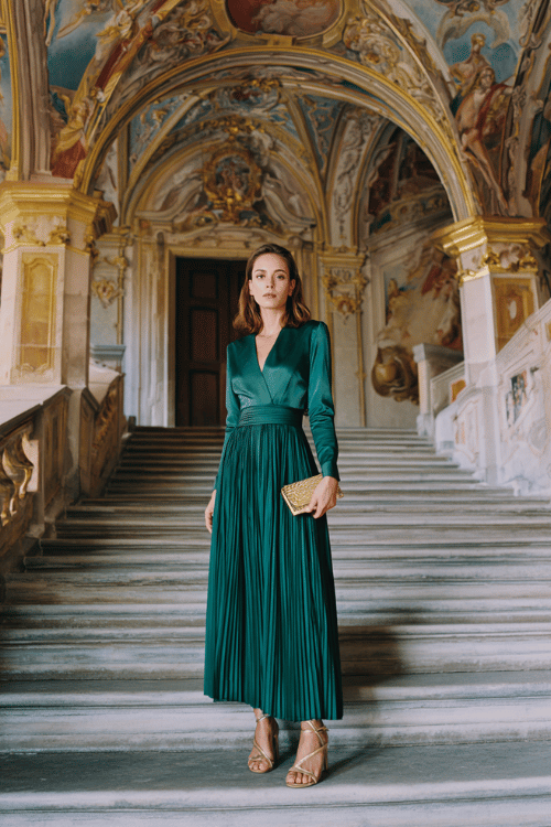 woman wearing a dramatic floor-length long-sleeve dress in deep emerald green with a structured bodice and softly pleated skirt, paired with gold strappy heeled sandals