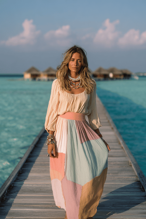 woman wearing a dreamy pastel patchwork long skirt in shades of peach, mint and lavender paired with a matching long-sleeve smocked blouse