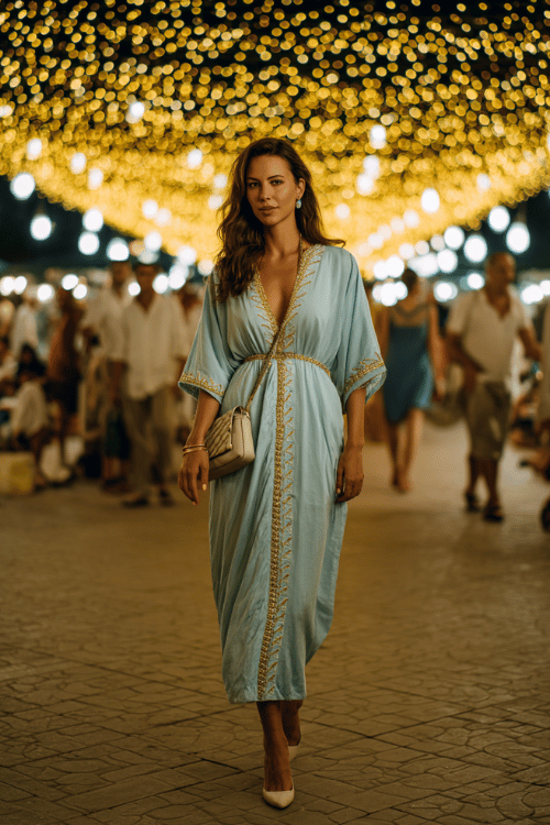 woman wearing a luxurious lightweight abaya-style dress in ice blue with delicate embroidered trim along the hem and sleeves