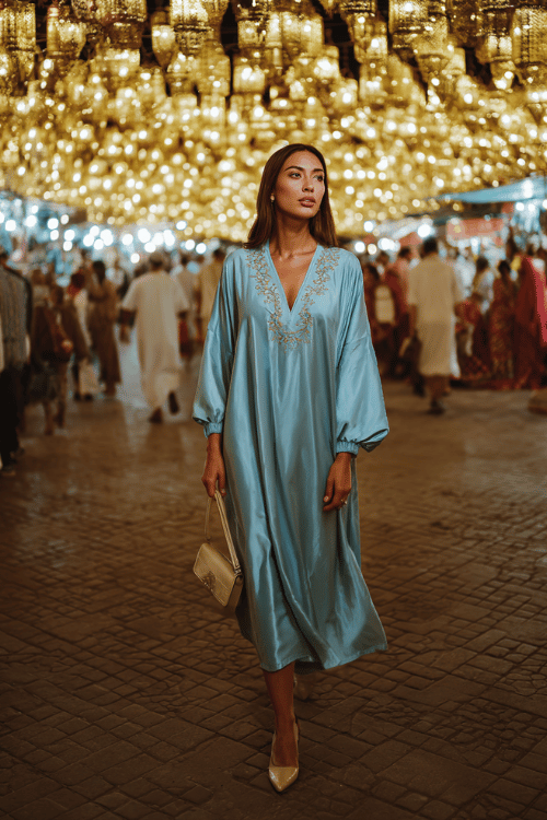 woman wearing a luxurious lightweight abaya-style dress in ice blue with delicate embroidered trim along the hem and sleeves