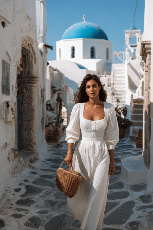 woman wearing a modest broderie anglaise white cotton maxi dress with long puff sleeves and a square neckline, paired with tan block heel sandals and a wicker basket bag