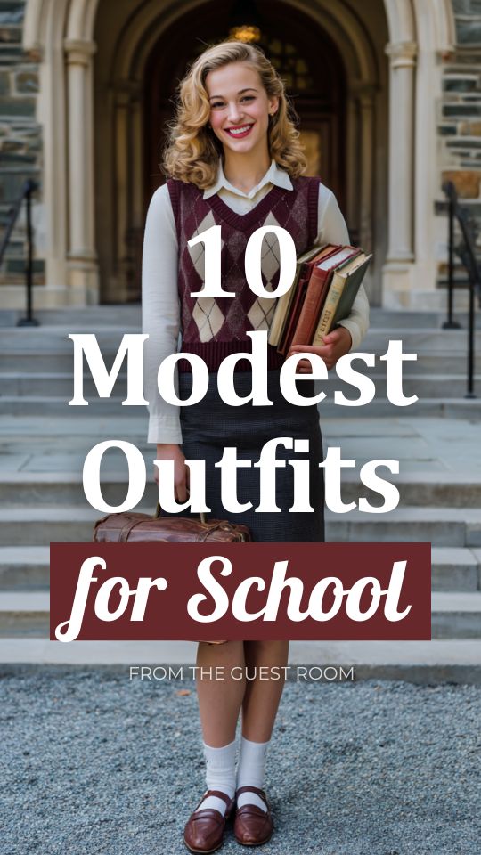 woman wearing a modest outfit for school with a long-sleeve knit sweater vest layered over a crisp white fitted long-sleeve shirt, with a skirt