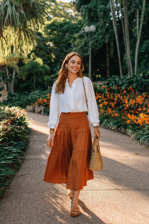 woman wearing a neat long-sleeve broderie anglaise blouse in pristine white tucked into a flowing tiered midi skirt in warm terracotta, accessorized with delicate gold stud earrings