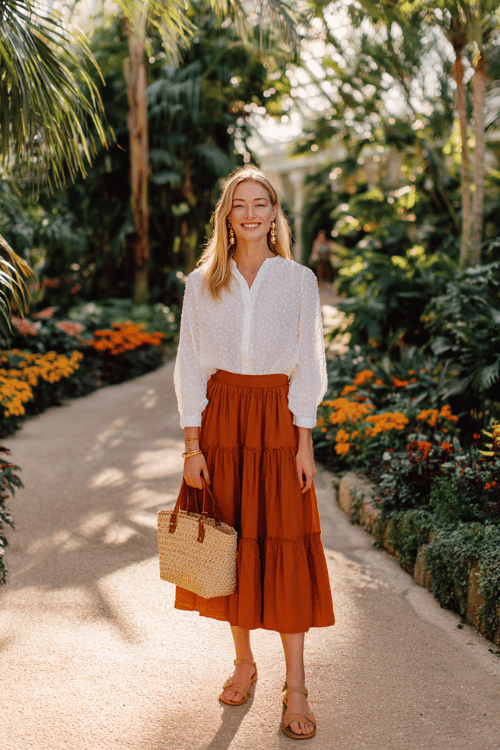 woman wearing a neat long-sleeve broderie anglaise blouse in pristine white tucked into a flowing tiered midi skirt in warm terracotta