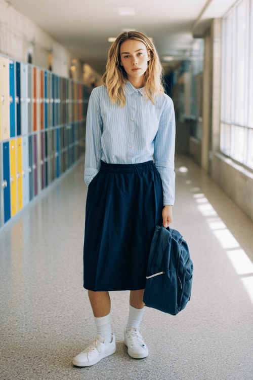 woman wearing a neat long-sleeve button-up shirt in soft sky blue tucked into a pleated midi skirt in classic navy, paired with white crew socks and clean white leather sneakers 