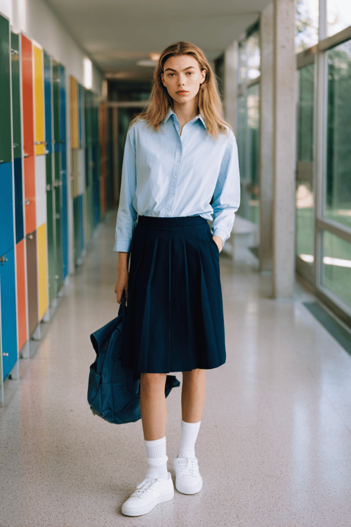 woman wearing a neat long-sleeve button-up shirt in soft sky blue tucked into a pleated midi skirt in classic navy, paired with white crew socks and clean white leather sneakers