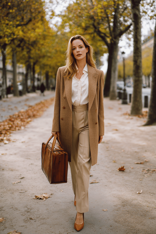 woman wearing a refined double-breasted longline blazer coat in classic camel over a silk ivory blouse and perfectly tailored straight-leg trousers