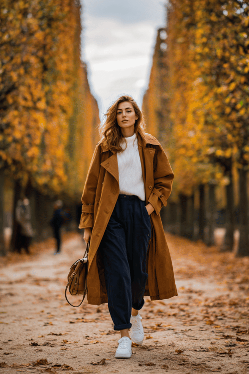 woman wearing a relaxed oversized camel trench coat over a simple white ribbed turtleneck and straight-leg dark navy trousers