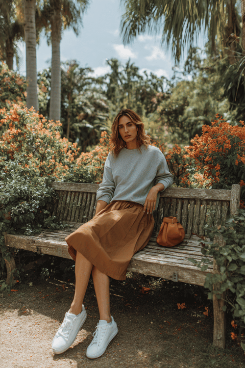 woman wearing a relaxed oversized long-sleeve graphic sweatshirt in vintage washed grey tucked loosely into a casual pleated midi skirt in warm butterscotch