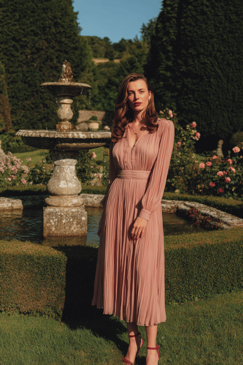 woman wearing a romantic long-sleeve chiffon maxi dress in soft dusty mauve with delicate pleating throughout and a gracefully modest scoop neckline