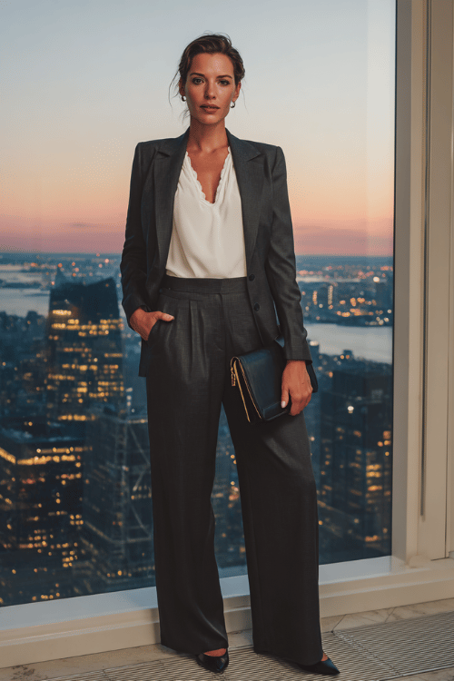 woman wearing a sharp tailored pantsuit in deep charcoal grey with a longline blazer and wide-leg trousers, layered over a crisp white silk blouse with a modest ruffle neckline