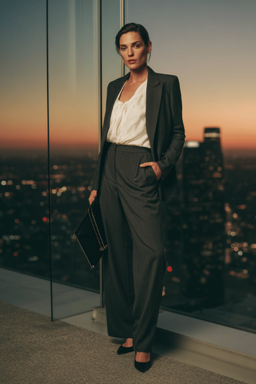 woman wearing a sharp tailored pantsuit in deep charcoal grey with a longline blazer and wide-leg trousers, layered over a crisp white silk blouse with a modest ruffle neckline
