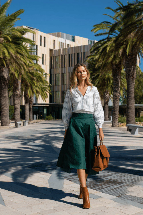 woman wearing a smart long-sleeve striped blouse in classic white and navy tucked neatly into a flowing A-line midi skirt in deep forest green, paired with tan leather block heel ankle boots