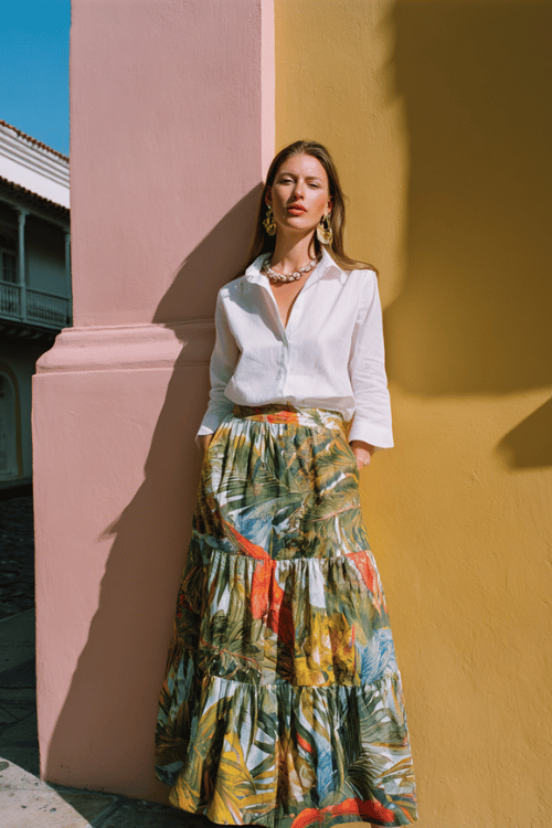 woman wearing a tiered cotton midi skirt in vibrant tropical print paired with a crisp white long-sleeve linen shirt tucked in at the front, accessorized with shell jewelry