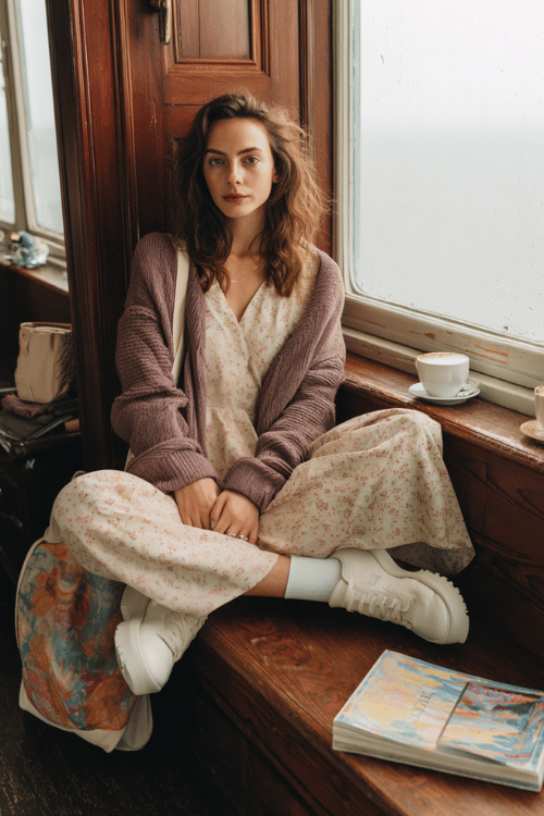 woman wearing a whimsical long-sleeve floral midi dress in soft cream with delicate pressed flower print, layered under a warm oversized cardigan in dusty mauve
