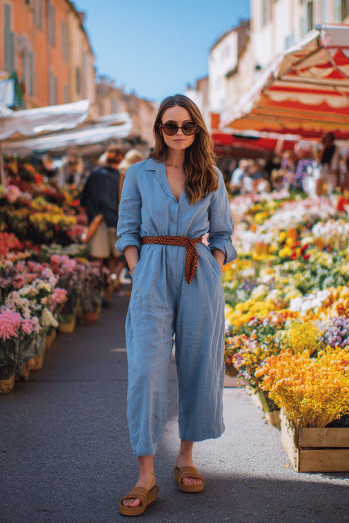 woman wearing a wide-leg linen jumpsuit in powder blue with long sleeves rolled up at the cuffs, cinched with a braided leather belt, paired with cork wedge sandals
