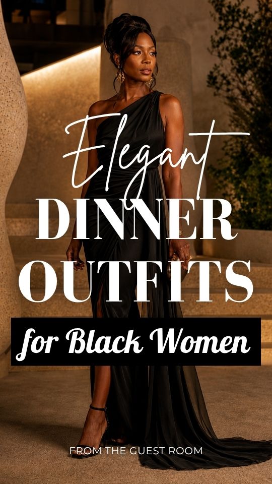 A Black woman wearing a dinner outfit with a black one-shoulder draped gown with a high slit and long train, paired with black heels, a metallic clutch, hoop earrings