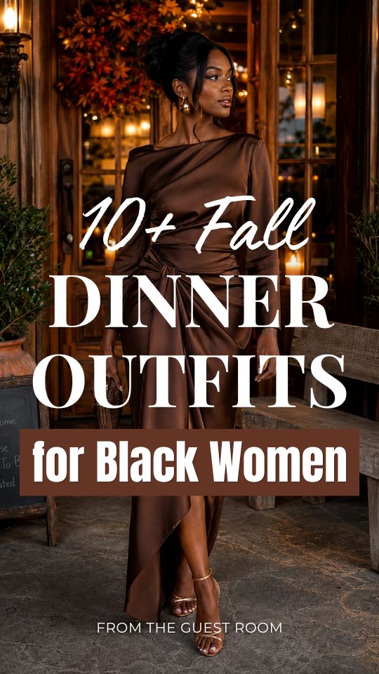 A Black woman wears a fall dinner outfit with a brown draped satin midi dress, gold earrings, and strappy heels