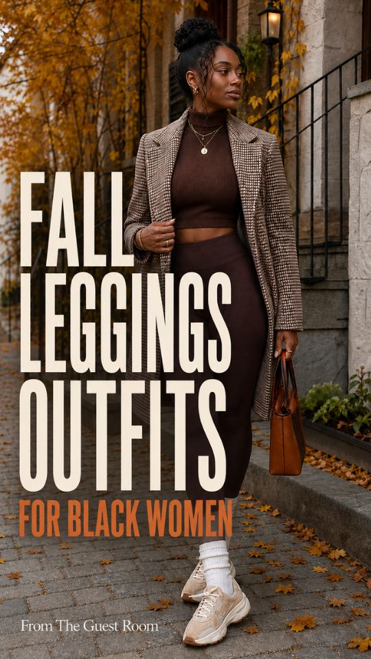 A Black woman wears a fall legging outfit with sneakers, and brown top