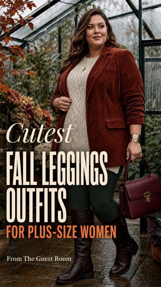 A plus-size woman wears a fall leggings outfit with a rust corduroy blazer over a cream cable-knit sweater, tall brown boots, and a burgundy handbag