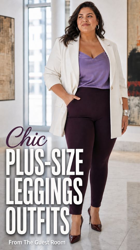 A plus-size woman wears a leggings outfit with a white blazer over a purple satin top with fitted plum trousers and pointed heels