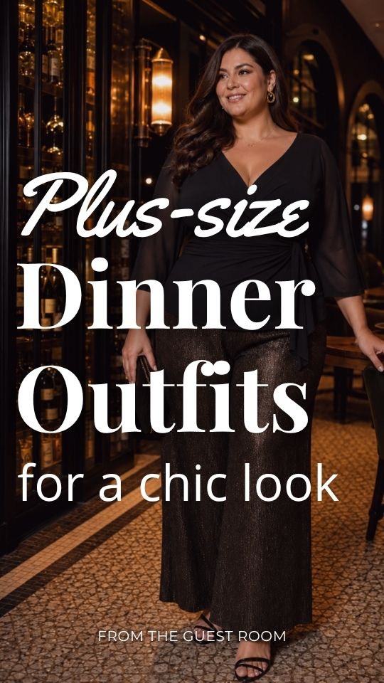 A plus-size woman wears dinner outfit with a black wrap top, wide-leg pants, and black heels