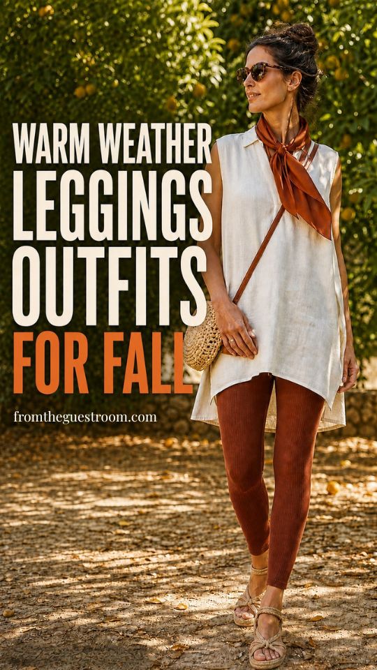 A woman in a warm weather fall leggings outfit with a sleeveless white tunic top and sandals