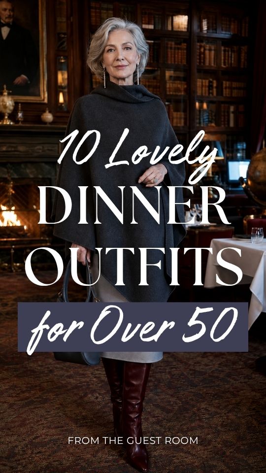 A woman over 50 wears a dinner outfit with a charcoal poncho over a light gray skirt with burgundy knee-high boots and a dark leather handbag