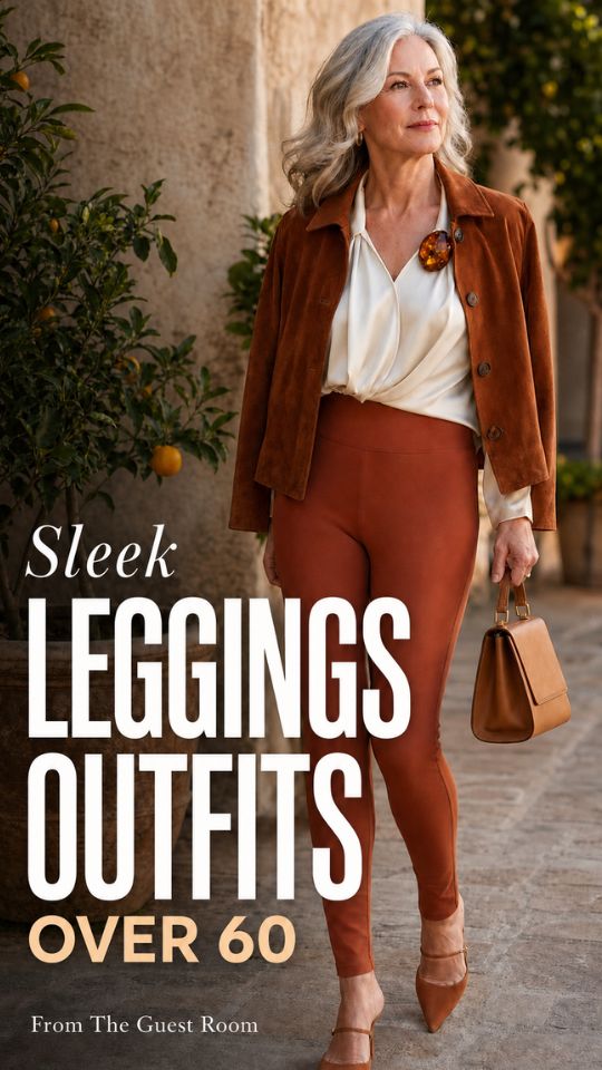 A woman over 60 wears a leggings outfit with a rust-brown cropped jacket with an ivory draped blouse, pointed heels