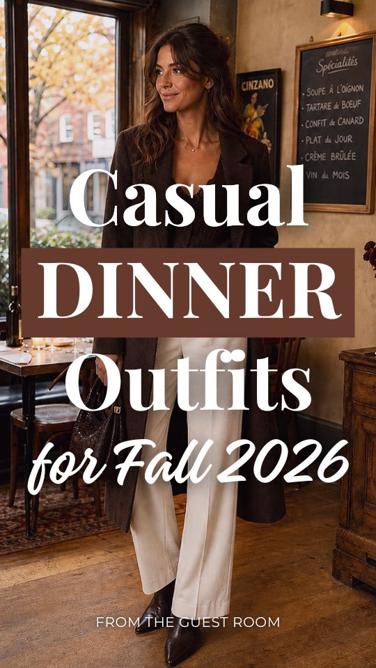 A woman wears a casual dinner outfit for fall with a brown blazer, black camisole, cream wide-leg trousers, and boots