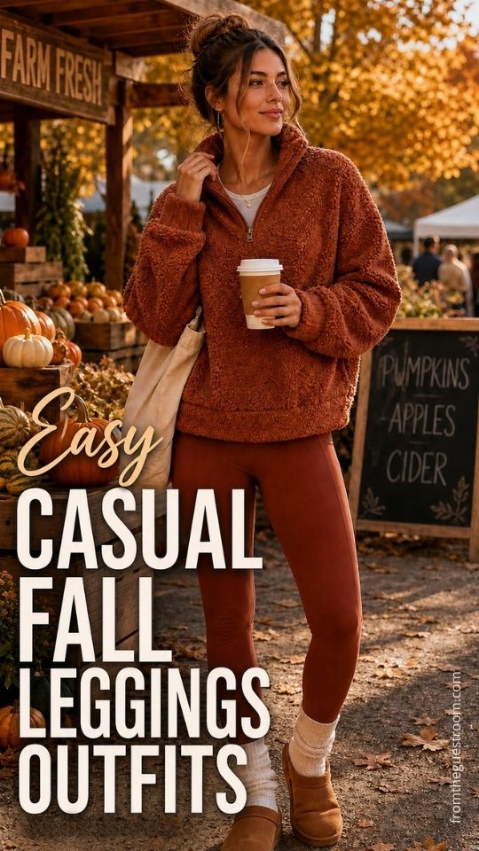 A woman wears a casual fall leggings outfit with rust quarter-zip fleece pullover, cream socks, tan slip-on clogs, and a canvas tote bag