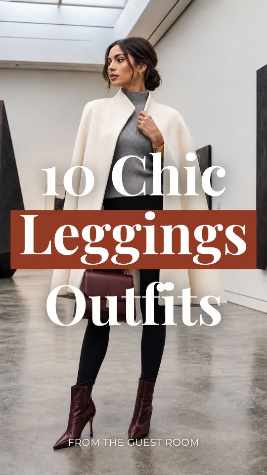 A woman wears a chic leggings outfit with a gray turtleneck, cream cape coat, black leggings, and burgundy ankle boots