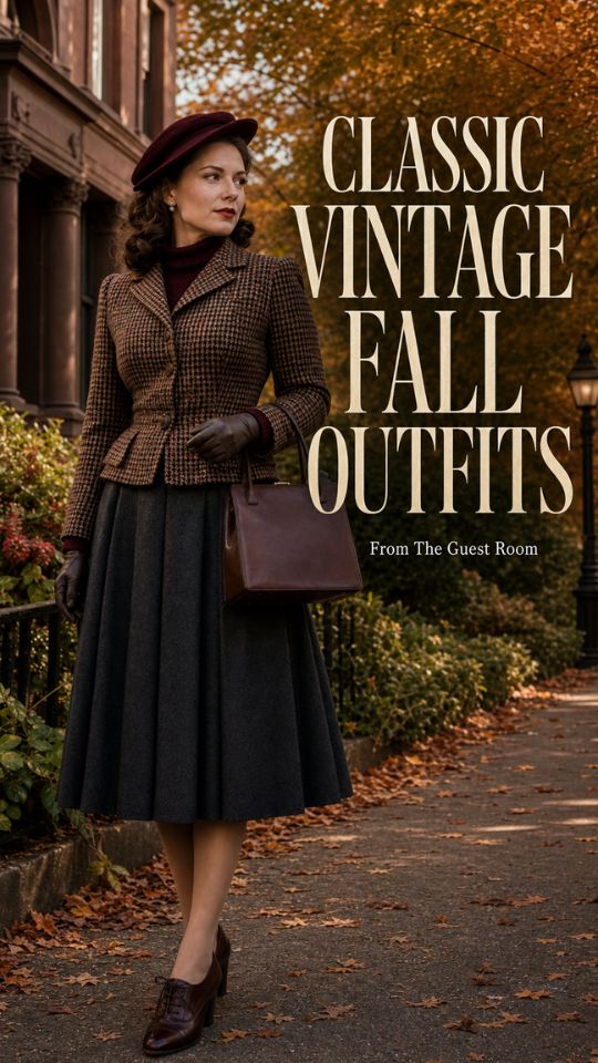 A woman wears a classic vintage fall outfit with a checked fitted jacket, a dark full skirt, heeled oxford shoes, leather gloves