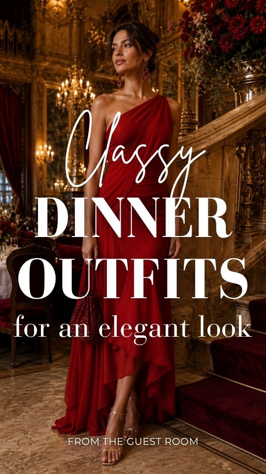 A woman wears a classy dinner outfit with a red draped one-shoulder gown with a layered hem, strappy metallic sandals