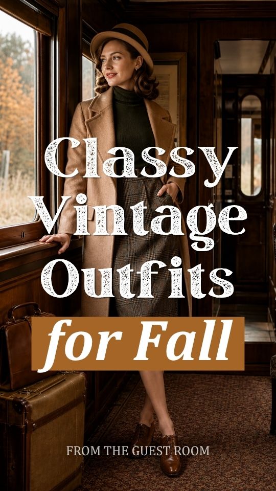 A woman wears a classy vintage outfit for fall with a camel blazer, black turtleneck, gray skirt, cloche hat, brown heels