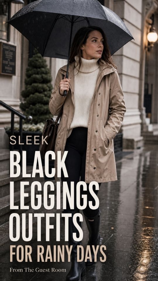 A woman wears a coat and leggings, boots, and boots, in a black leggings outfit for rainy days on a city street