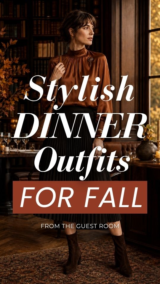 A woman wears a dinner outfit for fall with a brown high-neck blouse, black pleated midi skirt, and brown boots