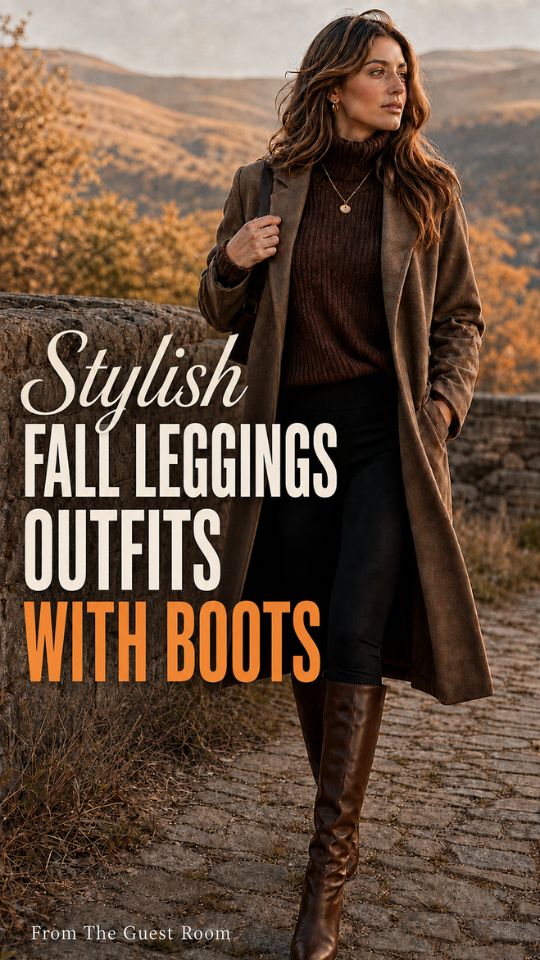 A woman wears a fall leggings outfit with boots, long brown coat over a ribbed dark brown turtleneck