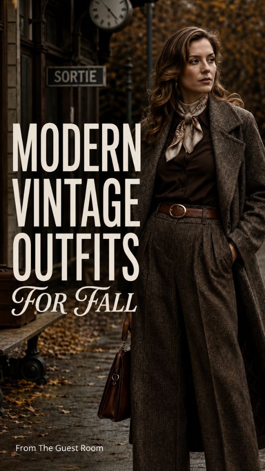 A woman wears a modern vintage fall outfit with a brown tailored coat, wide-leg trousers, a silk scarf
