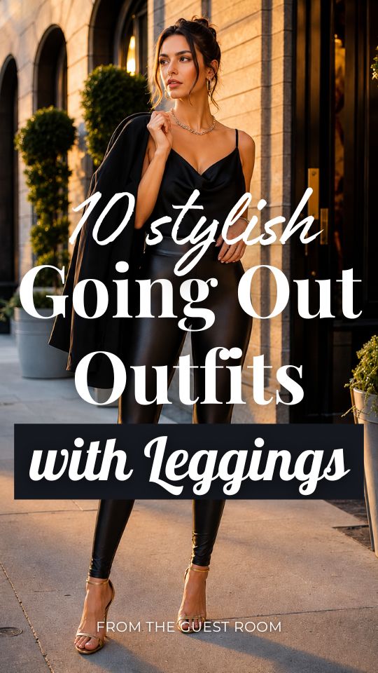 A woman wears a stylish going-out outfit with leggings, a black satin camisole, draped black blazer, black leather leggings, and strappy heels