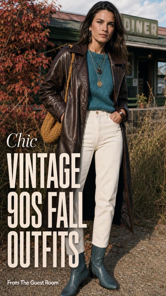 A woman wears a vintage 90s fall outfit with a long brown leather coat, teal knit sweater, cream trousers, teal ankle boots
