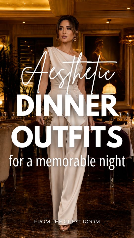 A woman wears an aesthetic dinner outfit with a ivory sleeveless jumpsuit with a draped asymmetric bodice, wide-leg trousers, metallic clutch, and heels