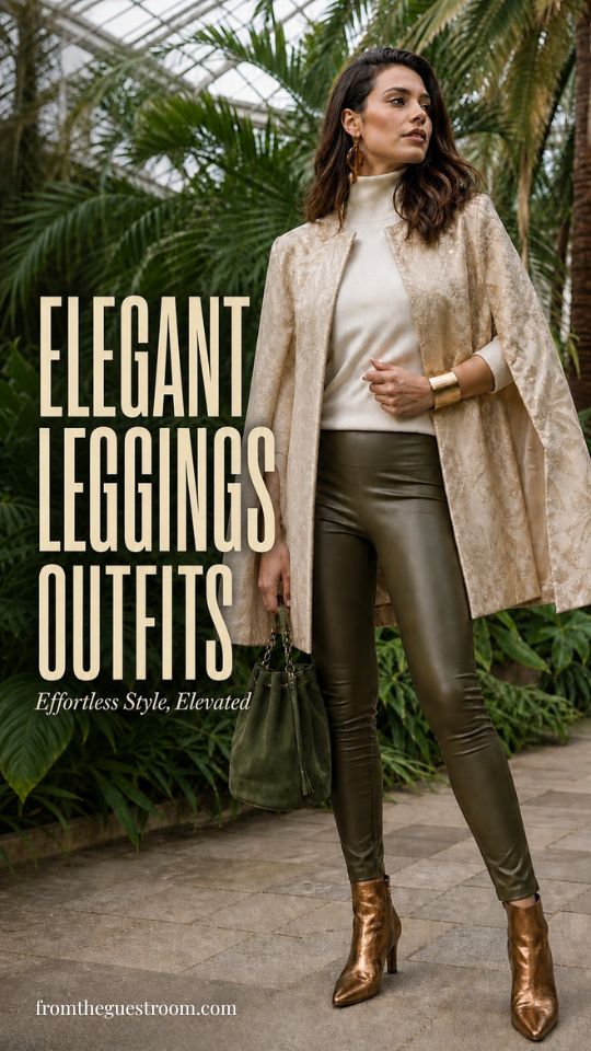 A woman wears an elegant legging outfit with a beige patterned cape over a cream turtleneck, metallic ankle boots