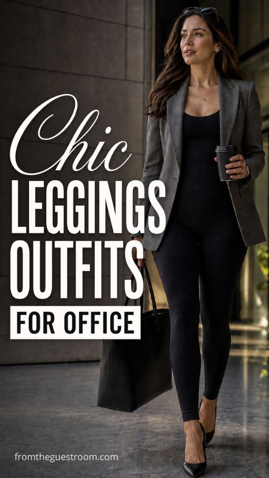A woman wears an office leggings outfit with black leggings, a charcoal blazer, a fitted black top, pointed pumps
